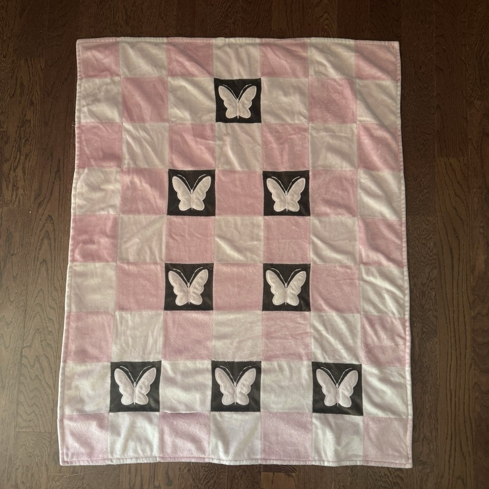 Amy Coe Baby Blanket Pink Brown Butterfly Plush Mod Limited Edition Nursery Vtg